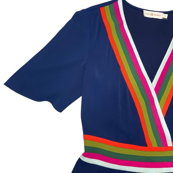 Tory Burch Peggy Wrap Dress Short Sleeve Navy Blue Stretch V-neck Womens Size 0 - Picture 11 of 16